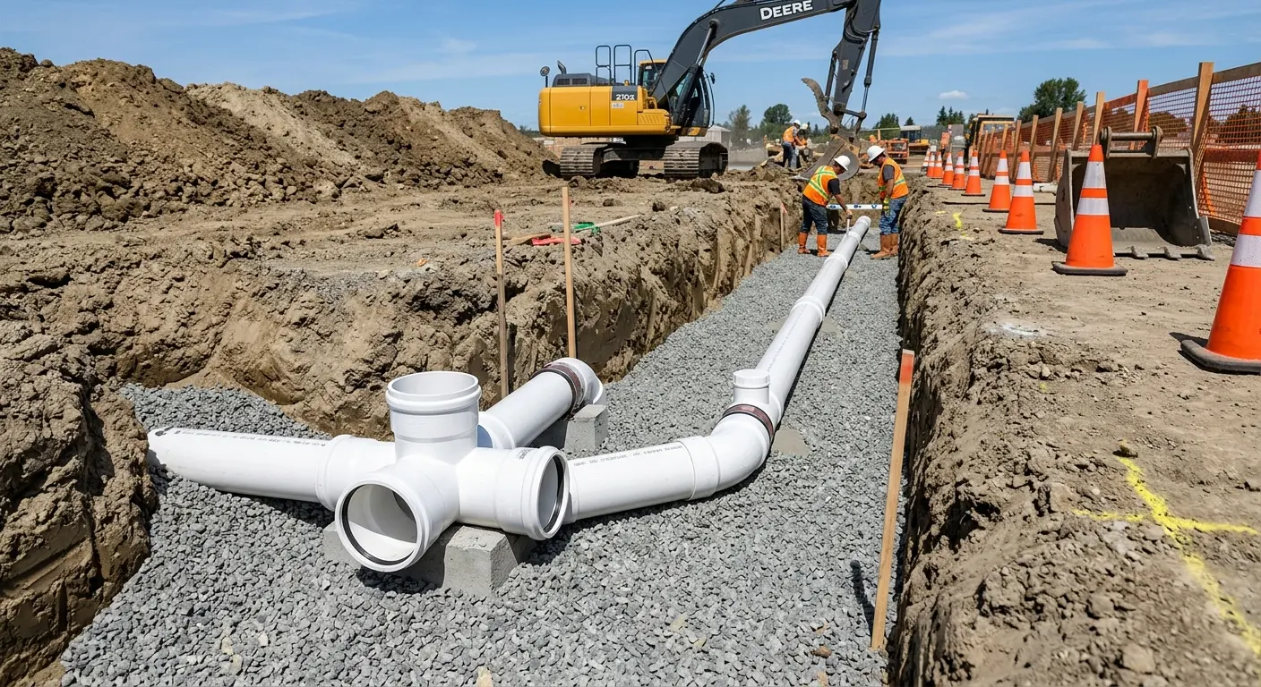 New PVC sewer pipe installation in open trench for Sewer Backup in Taylor