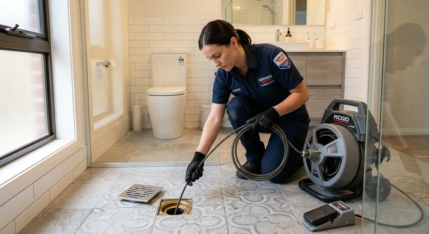 Technician clearing a bathroom floor drain for Clogged Drain Repair in Taylor